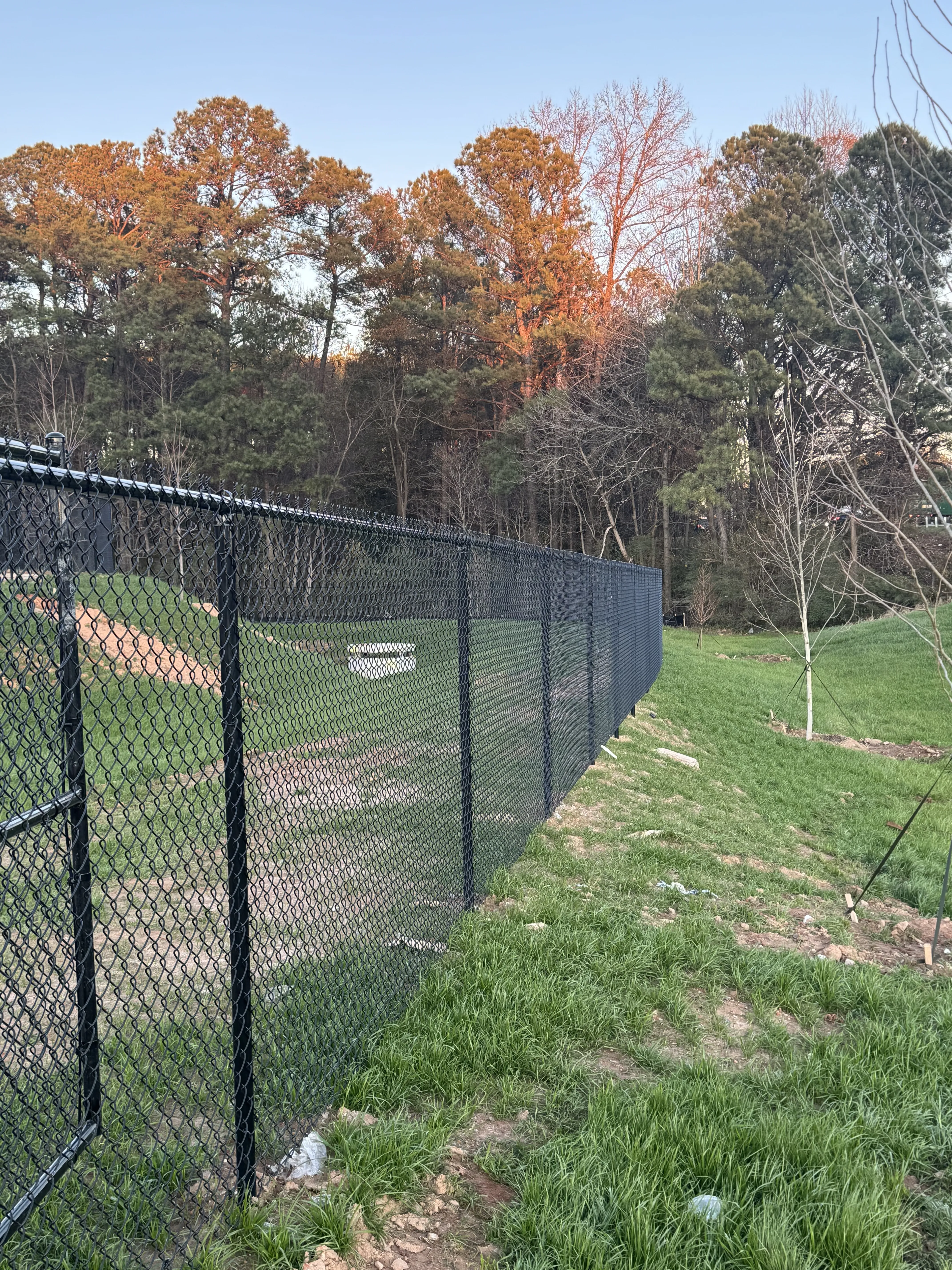 Chain link fence long run in autumn